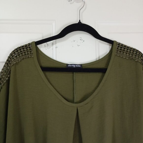 Cha Cha Vente Blouse Crochet Sleeve Detailing Elastic Hem Olive Green 3X Womens - Picture 4 of 9
